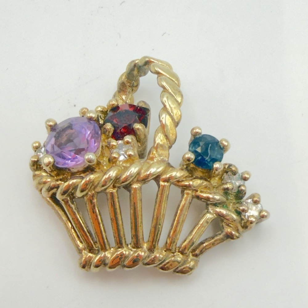Vtg Sterling Silver Flower Basket Pendant Saphire Garment Amethyst Vermeil 925